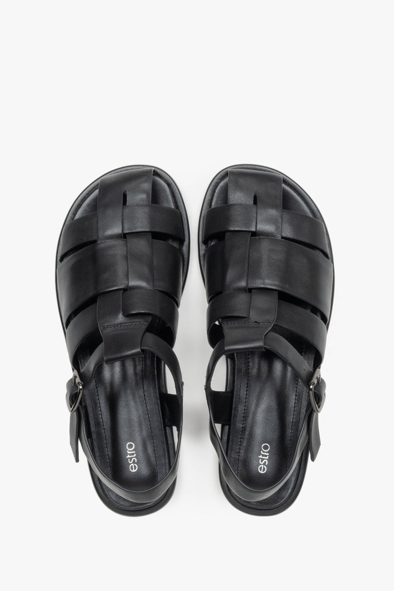 Women's flat black leather sandals in a classic fisherman style.