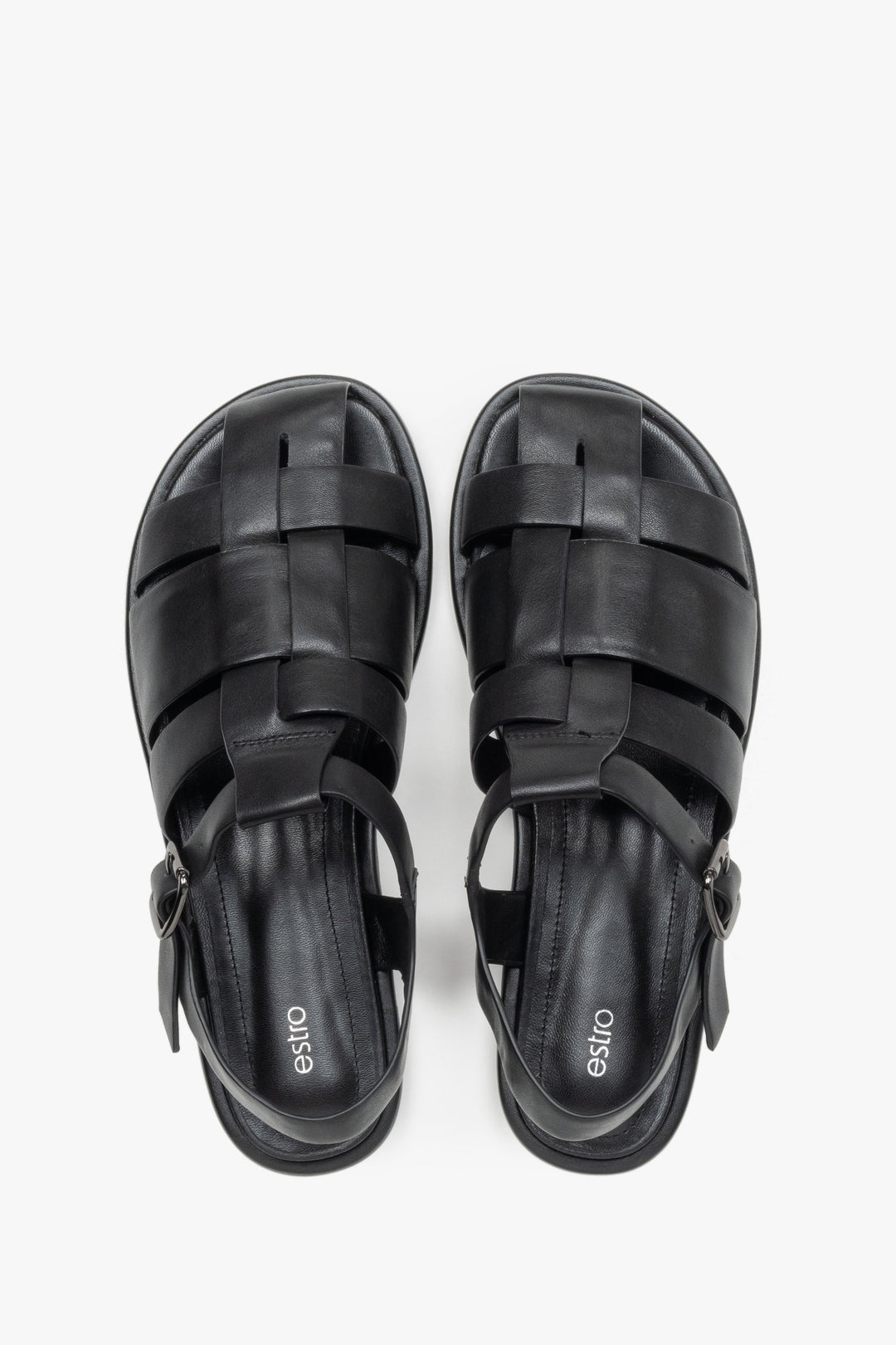 Women's flat black leather sandals in a classic fisherman style.