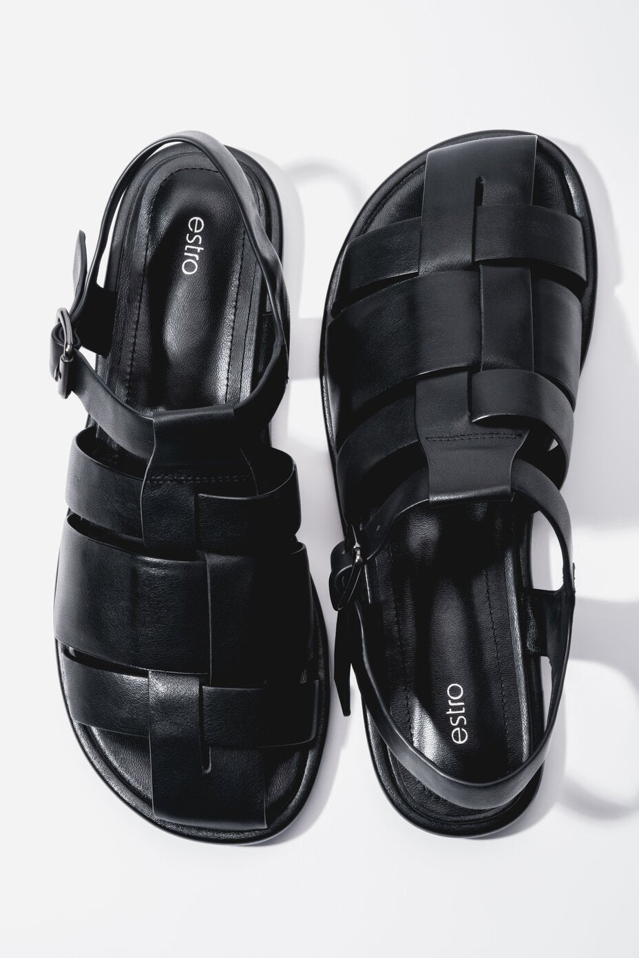Women's Black Genuine Leather Flat Fisherman Sandals Estro ER00119384.