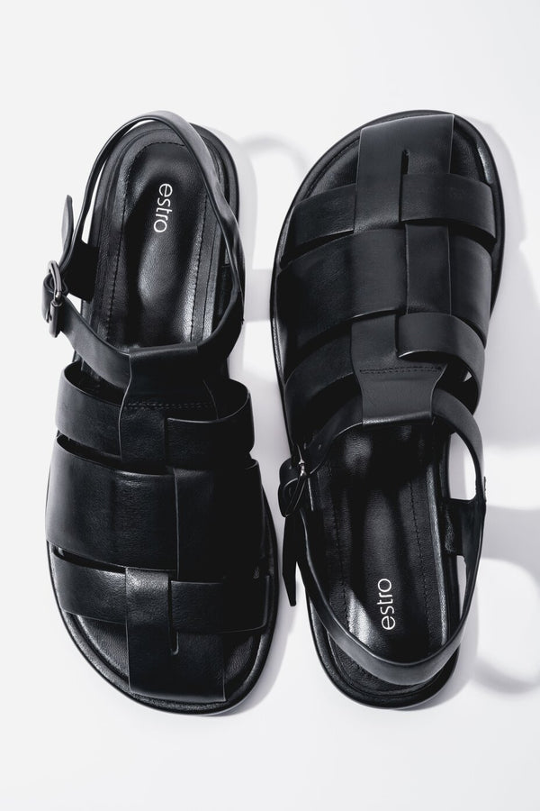 Women's Black Genuine Leather Flat Fisherman Sandals Estro ER00119384.