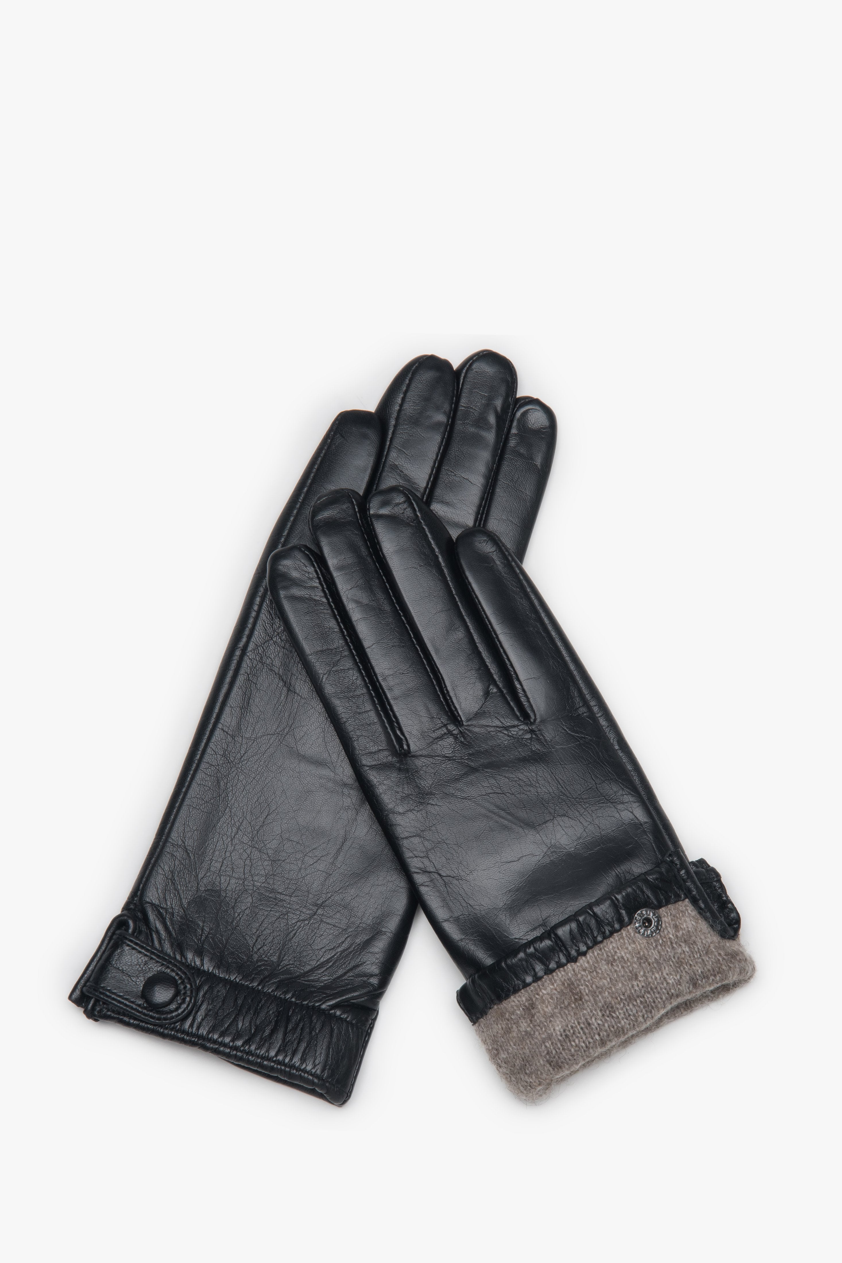 Women's Black Genuine Leather Gloves with Snap Closure Estro ER00118418.