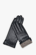 Women's Black Genuine Leather Gloves with Snap Closure Estro ER00118418.