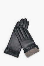Women's Black Genuine Leather Gloves with Snap Closure Estro ER00118418.