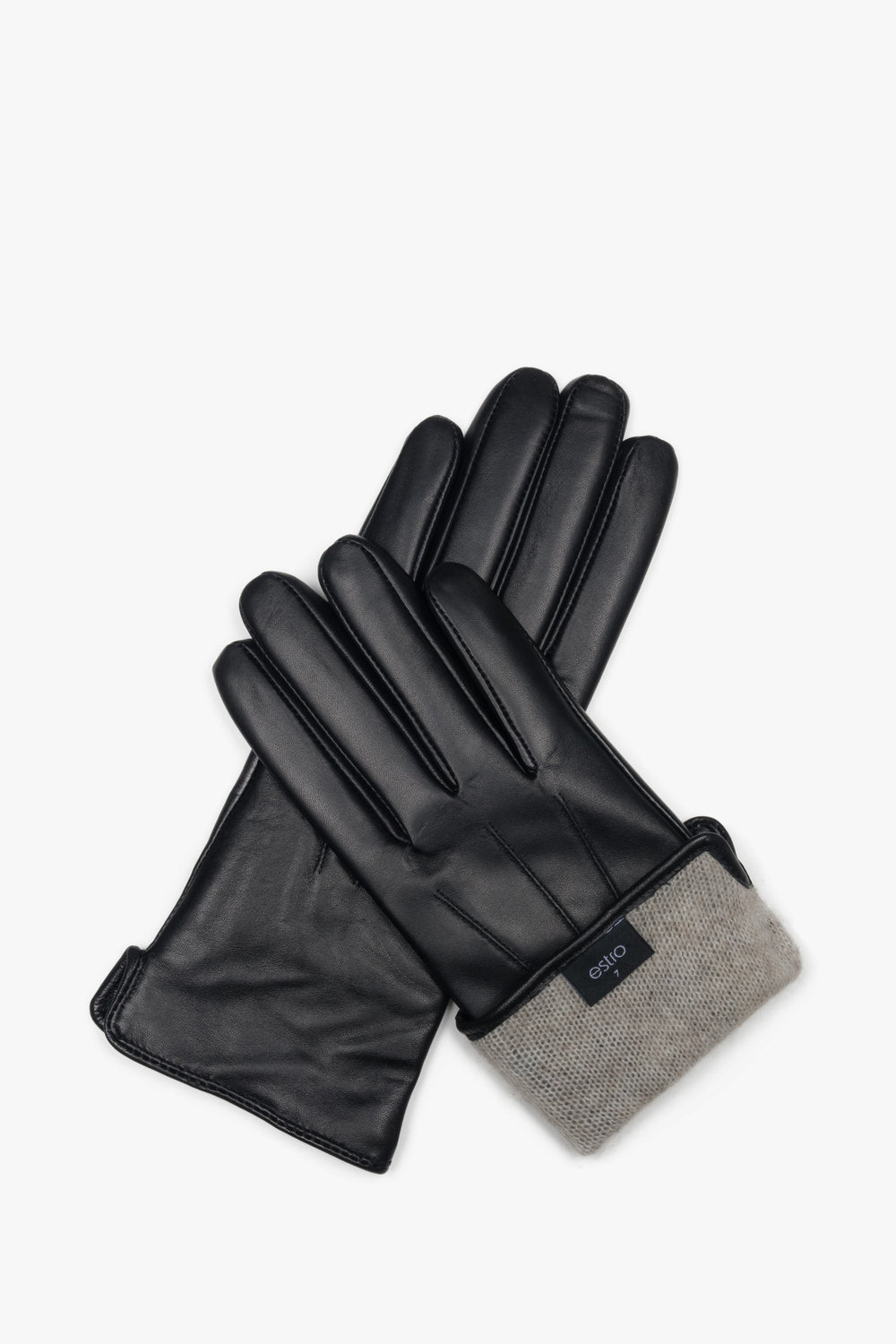 Women's Black Genuine Leather Gloves with Wool Lining Estro ER00116734.