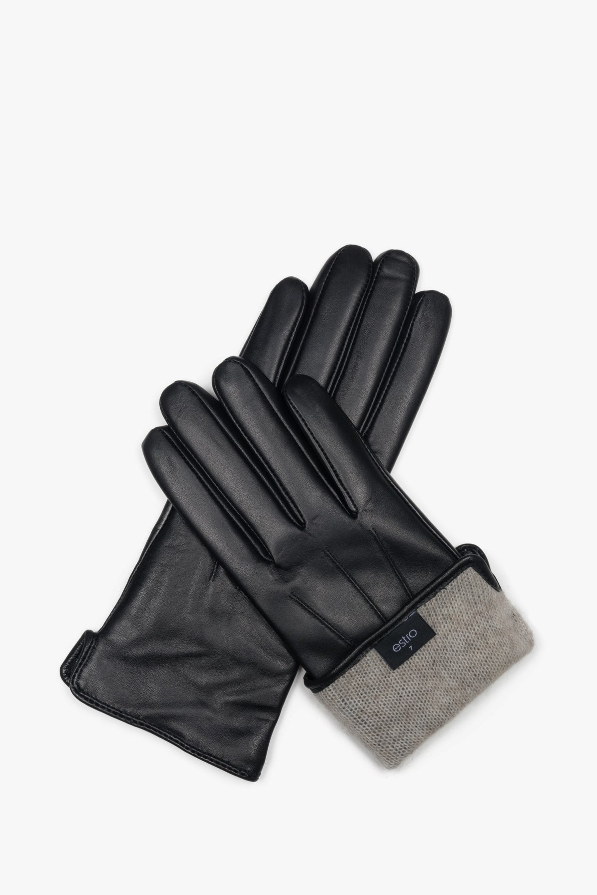 Women's Black Genuine Leather Gloves with Wool Lining Estro ER00116734.