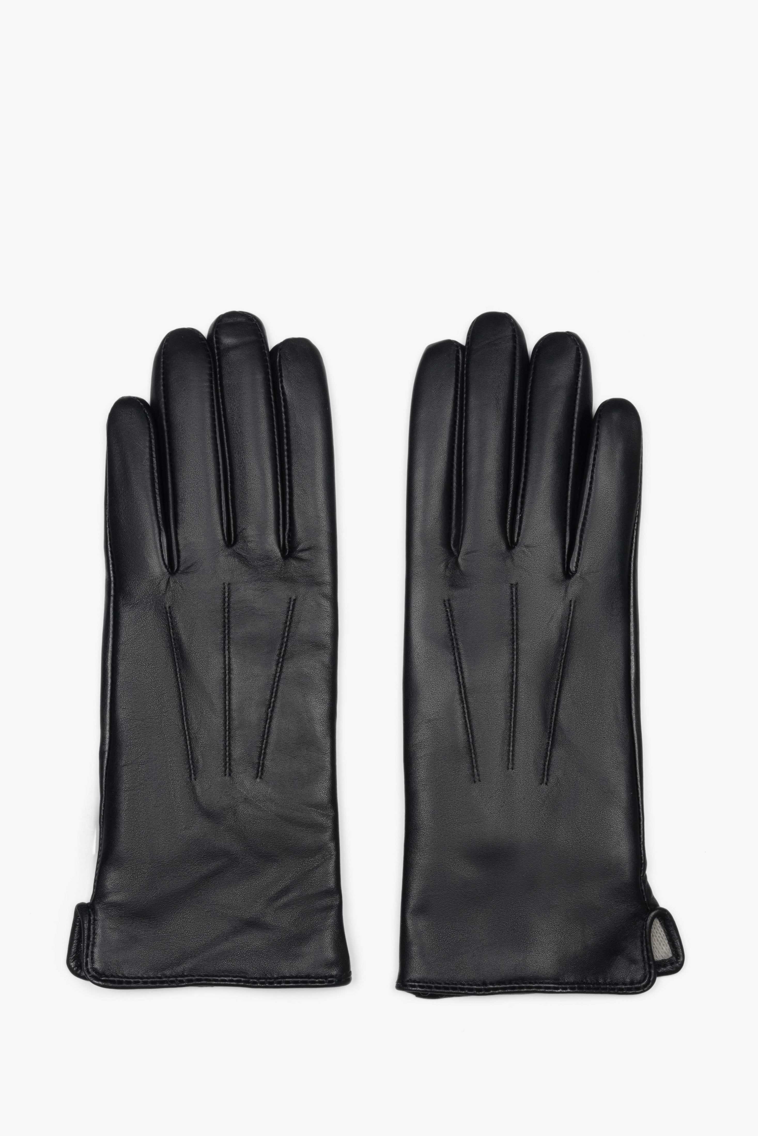 Women's black genuine leather gloves with wool lining Estro.