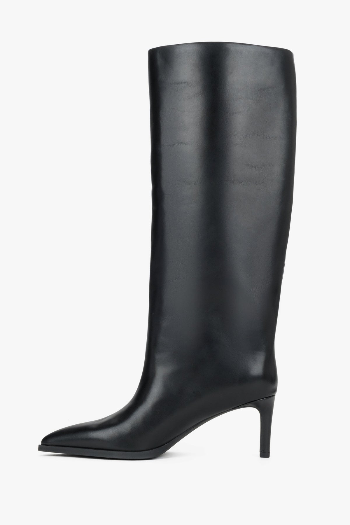 Side profile highlighting the tall shaft and sleek high-heeled design.