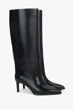 Estro - black women's high-heeled boots made of natural leather.