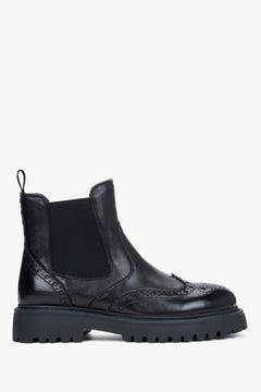 Women's Black Genuine Leather Perforated Chelsea Boots on Thick Sole Estro ER00120734.