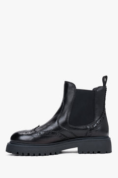 Women's Chelsea boots, black, leather, on a thick sole, with brogue perforation, Estro.
