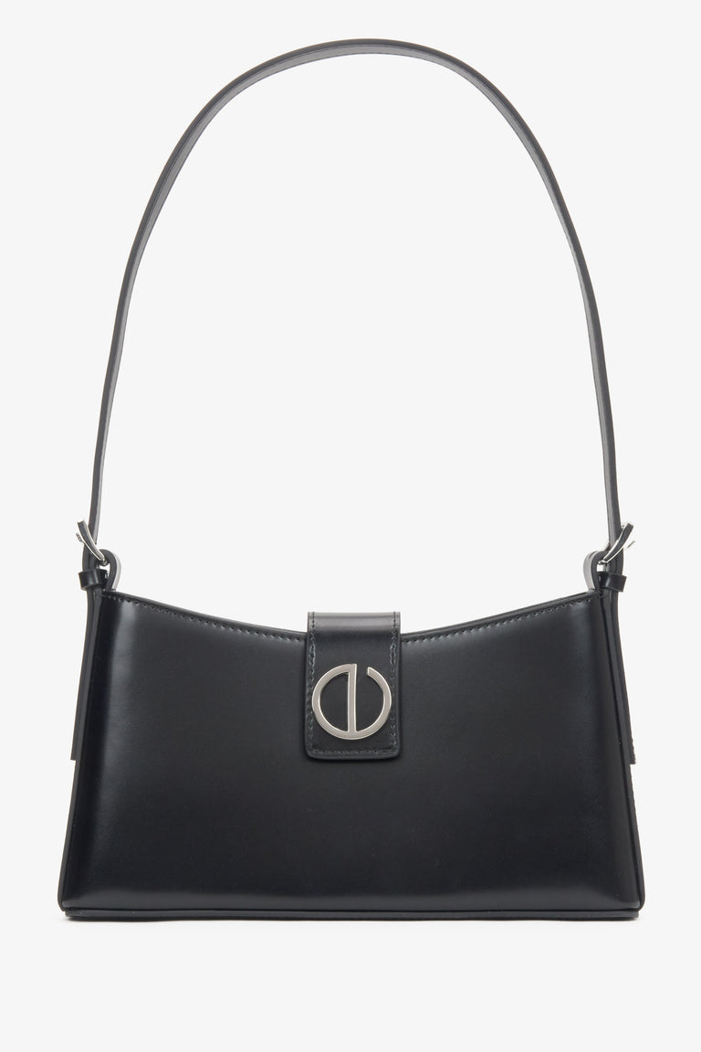 Women's Black Genuine Leather Shoulder Bag with Silver Hardware Estro ER00116631.