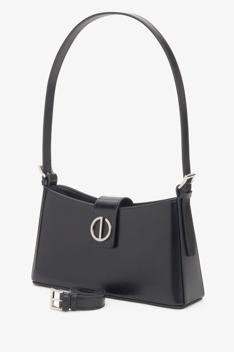Women's black genuine leather shoulder bag with silver hardware Estro.