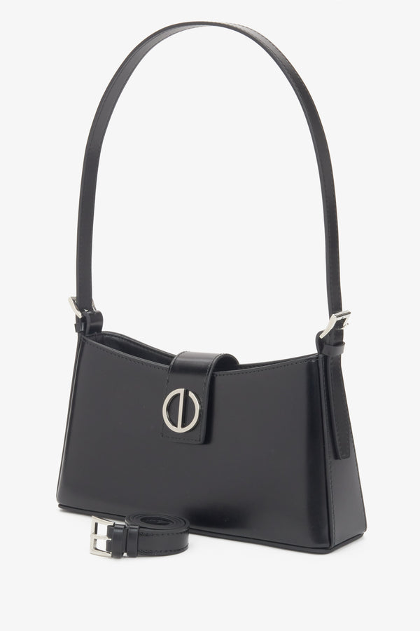 Women's black genuine leather shoulder bag with silver hardware Estro.