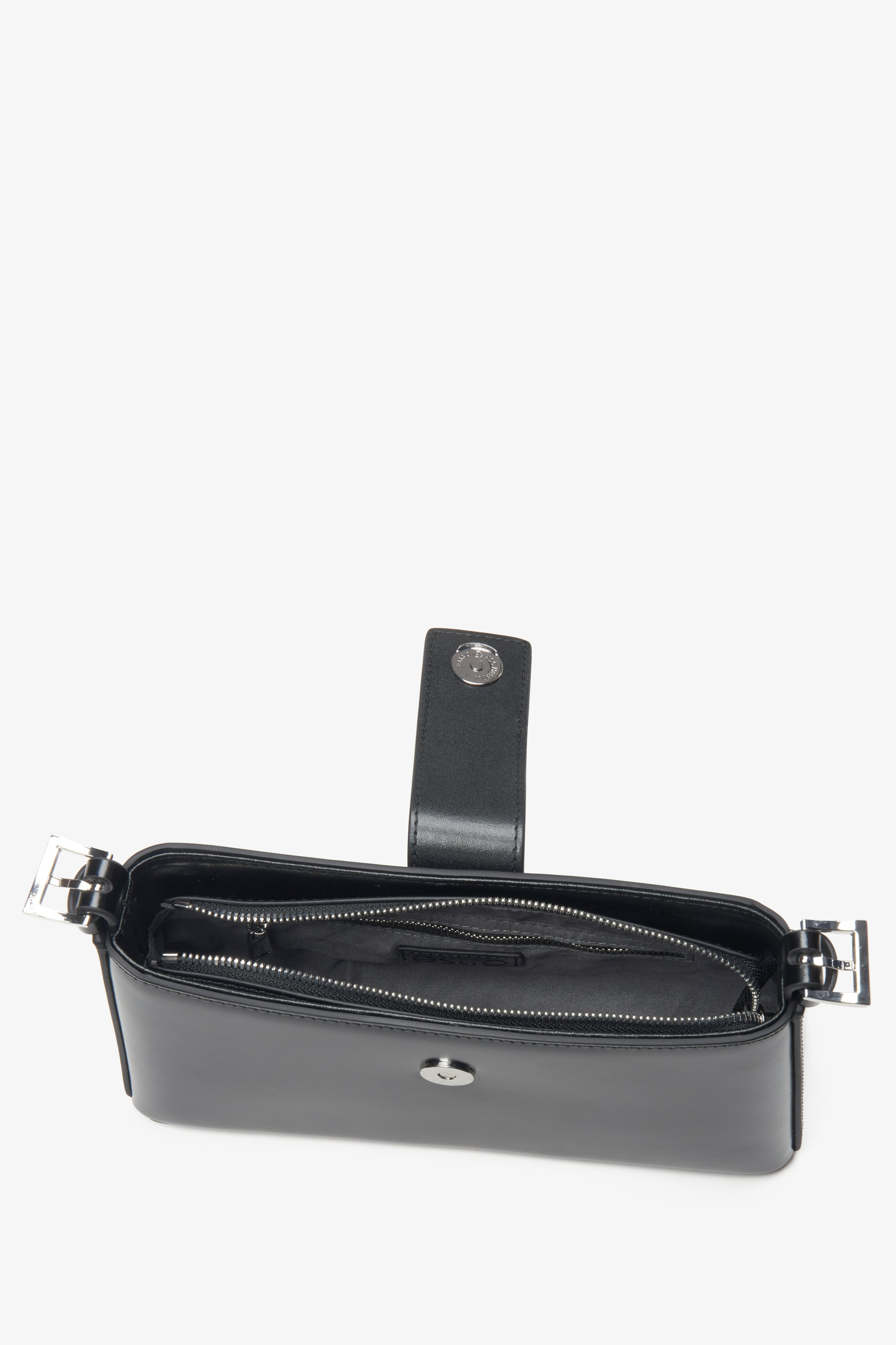 Women's shoulder bag, black, leather, with silver hardware, Estro.