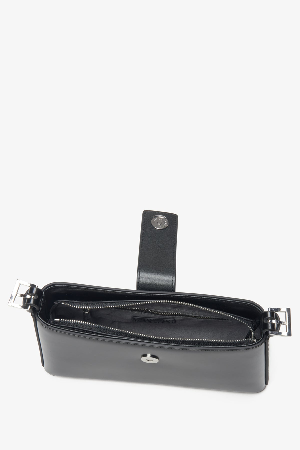 Women's shoulder bag, black, leather, with silver hardware, Estro.