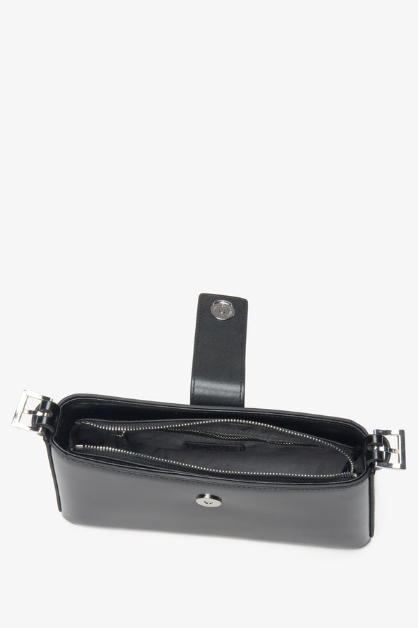 Women's shoulder bag, black, leather, with silver hardware, Estro.