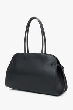 Women's black genuine leather shoulder bowler bag with side lacing Estro.