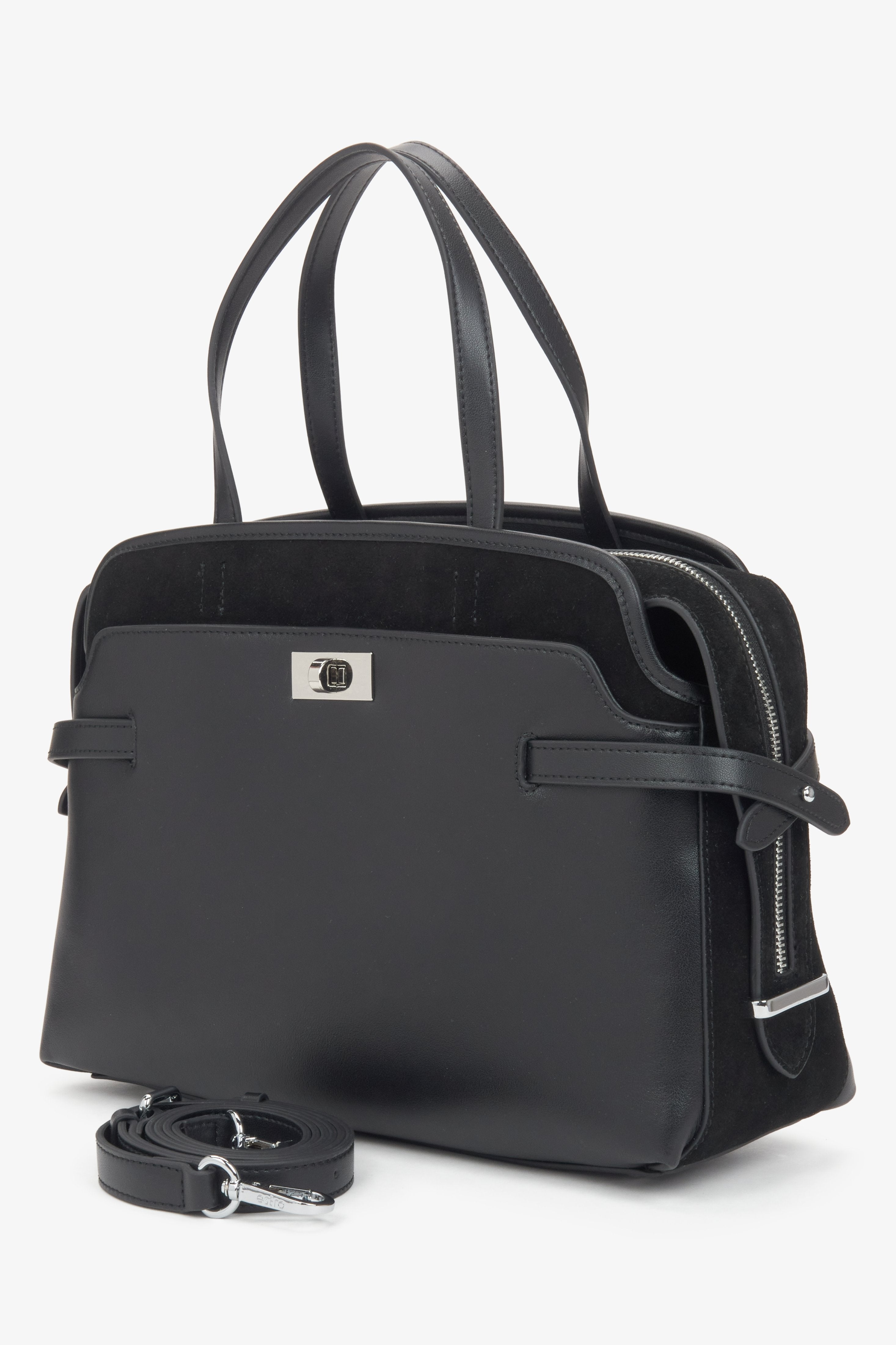 Women's black genuine leather tote handbag.