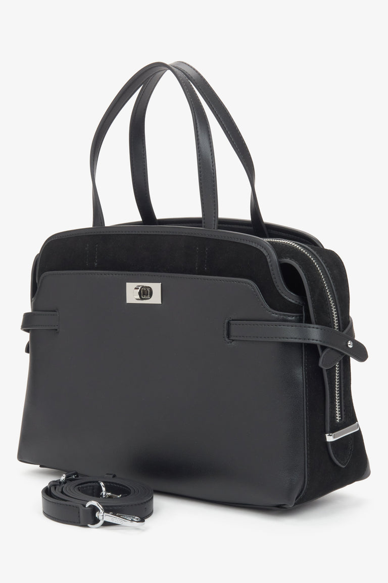 Women's black genuine leather tote handbag.