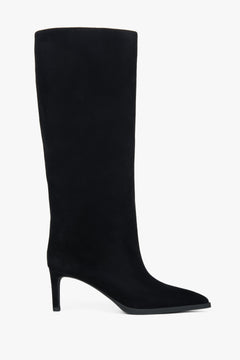 Women's Black Genuine Velour Heeled Knee-High Boots Estro ER00118476.