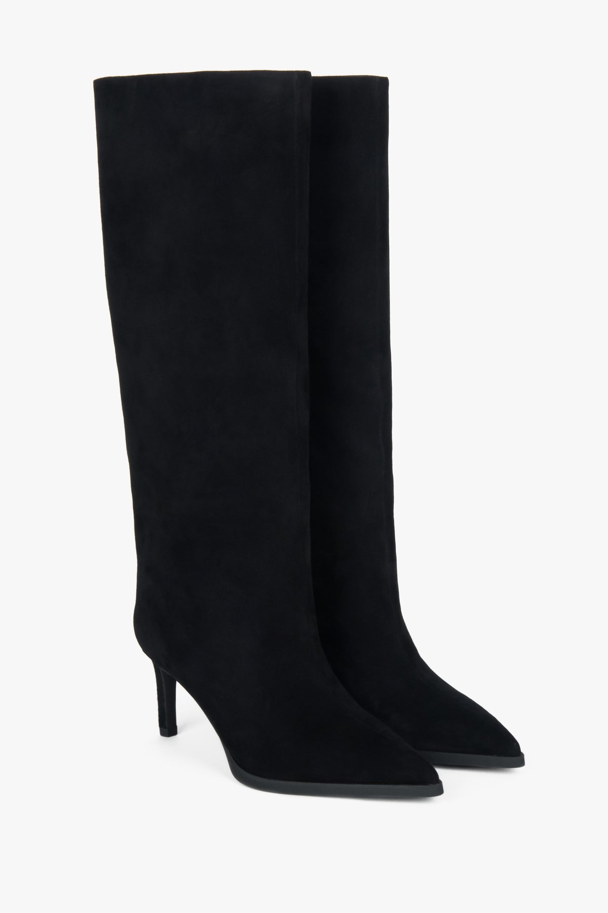 Front view showcasing the elegant knee-high silhouette in black genuine velour.