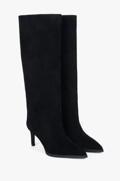 Front view showcasing the elegant knee-high silhouette in black genuine velour.