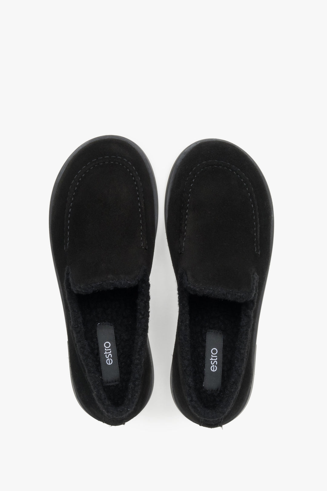 Faux fur lined black women’s loafers made of natural velour by Estro.
