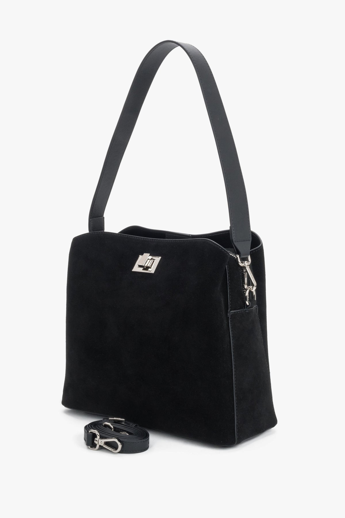 Women's black natural suede shoulder bag featuring an elegant metallic turn-lock closure, Estro.