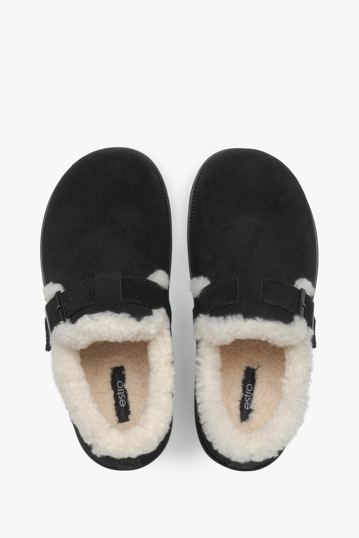 Women's Black Genuine Velour Warm Fur-Lined Loafers with Buckle Estro ER00120648.