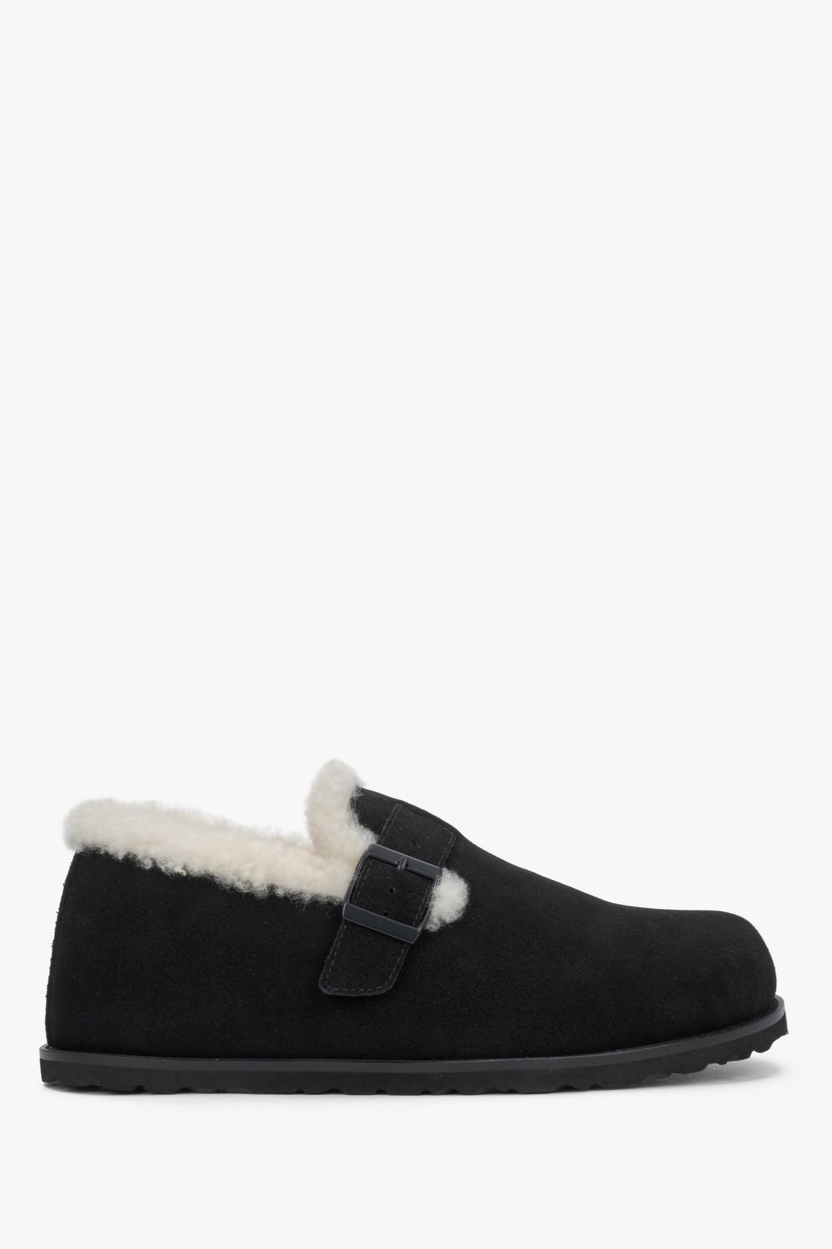 Estro - women's black genuine velour warm fur-lined loafers with buckle (ER00120648).