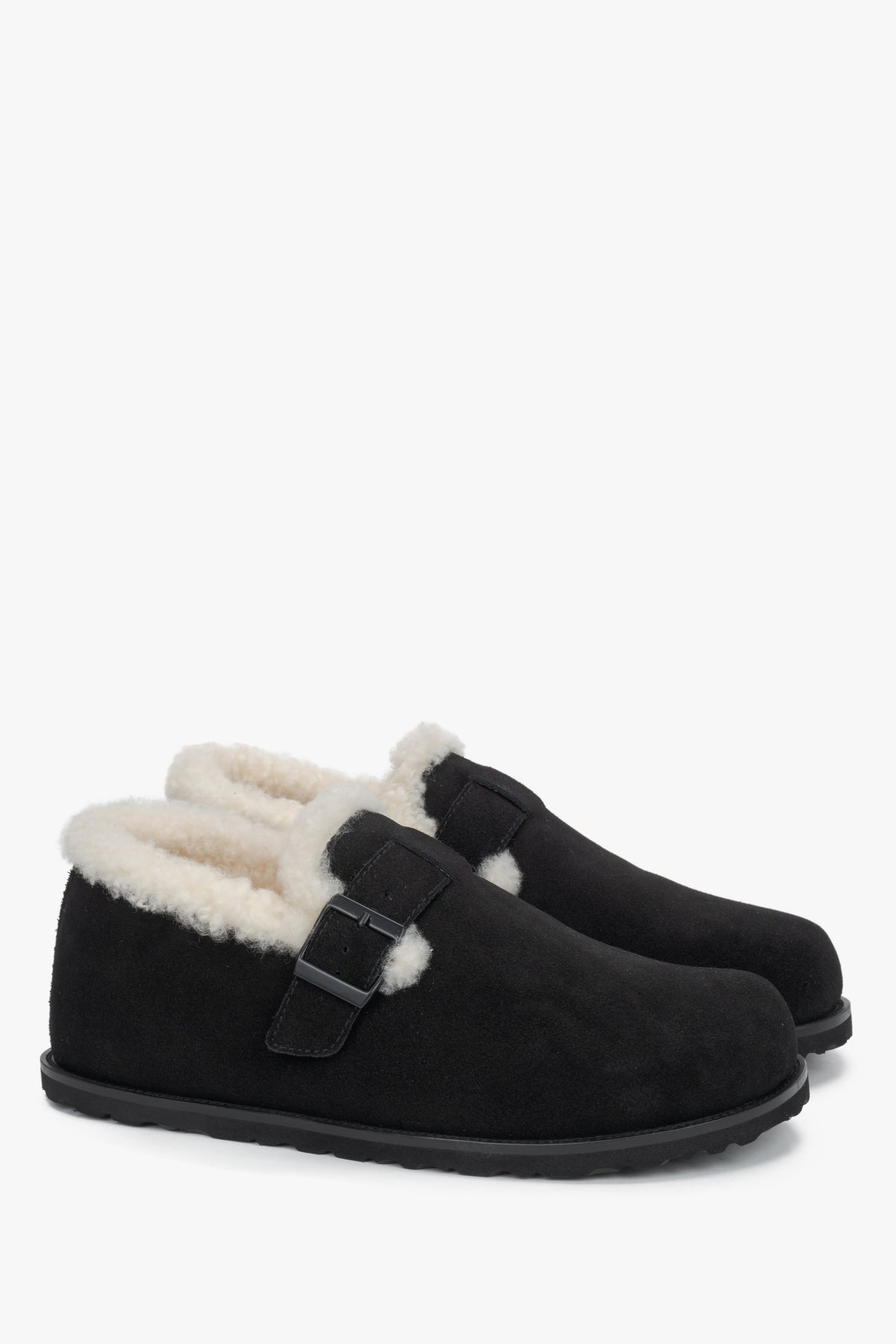 Women's black genuine velour warm fur-lined loafers with buckle Estro.