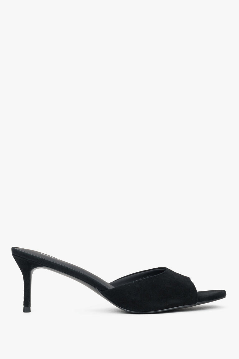Side view of women's black velour heeled mules by Estro