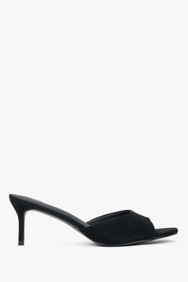 Side view of women's black velour heeled mules by Estro