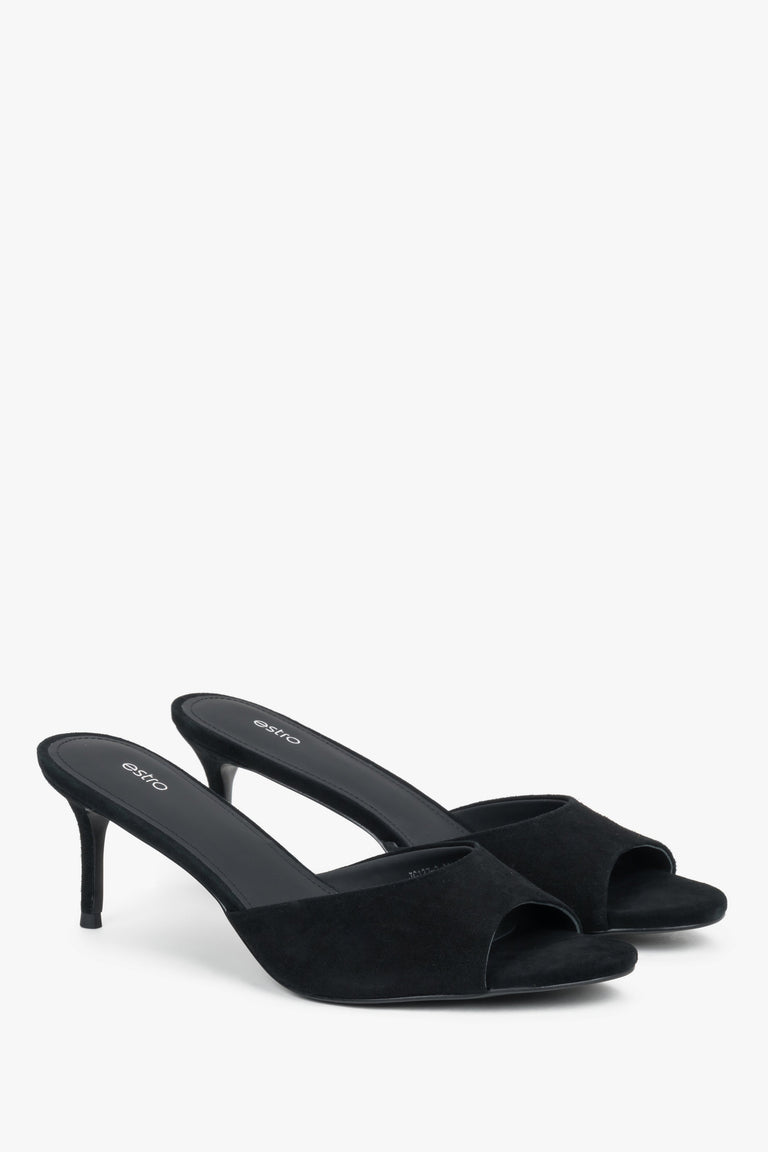 Angled view of women's black genuine velour mules with heel