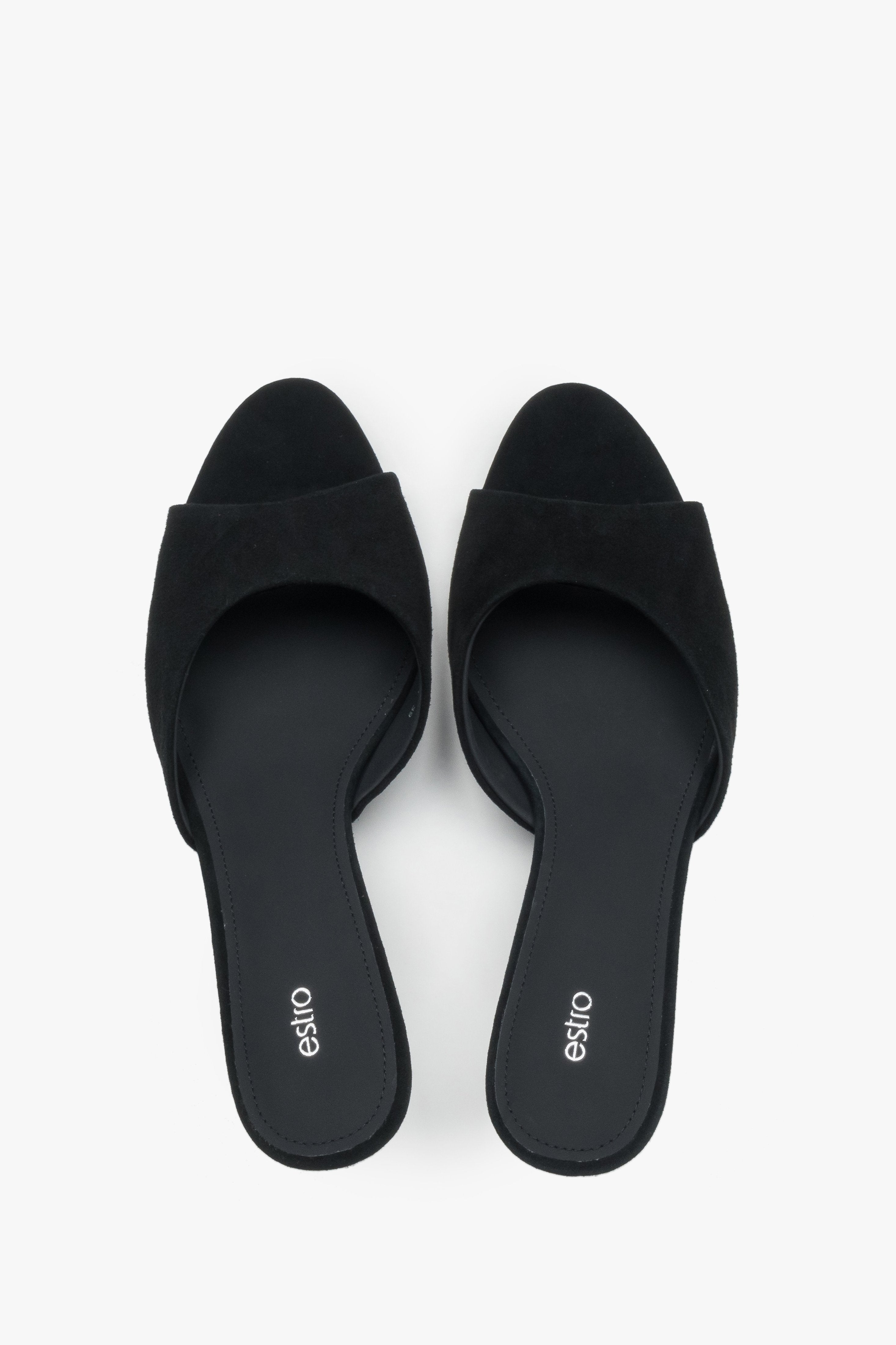 Top view of women's black genuine velour mules
