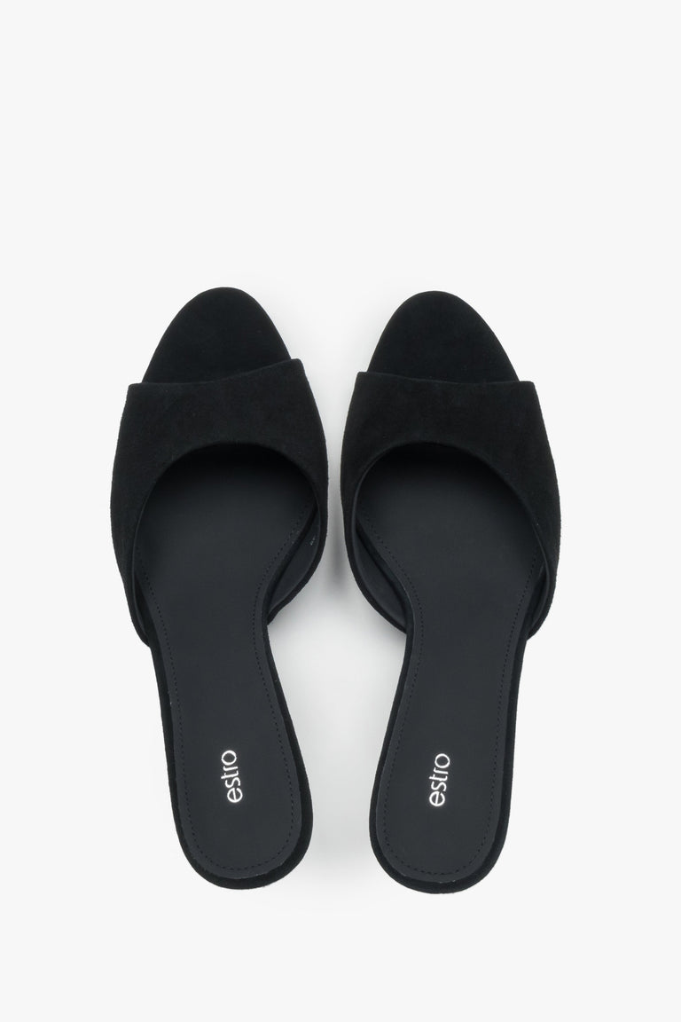 Top view of women's black genuine velour mules
