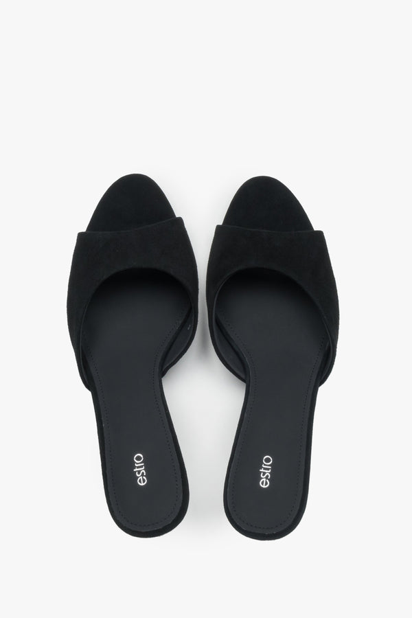 Top view of women's black genuine velour mules