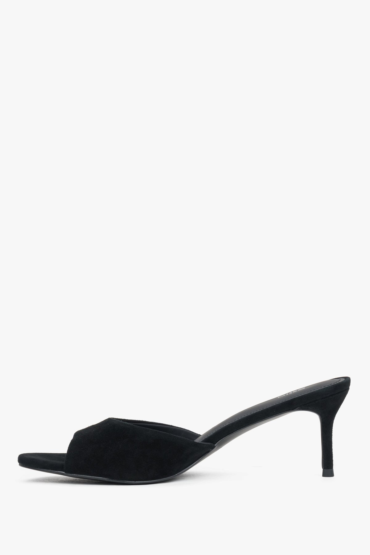 Side profile of women's black heeled mules by Estro