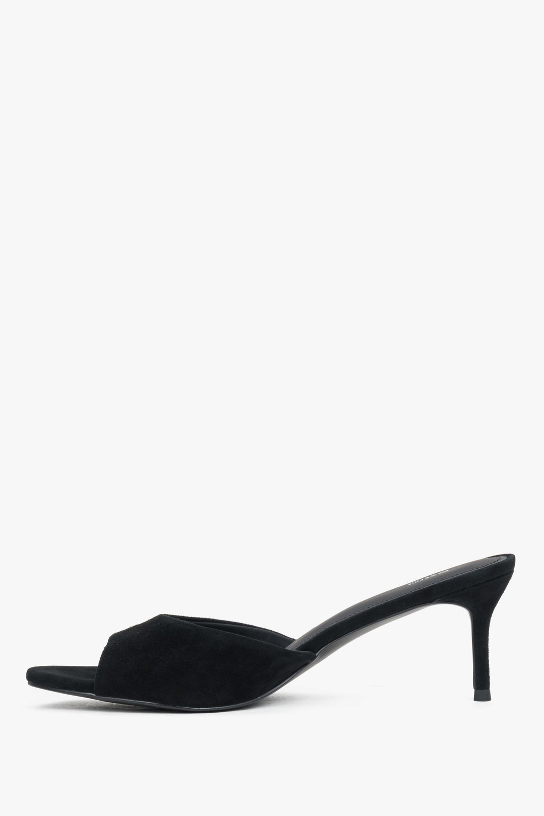 Side profile of women's black heeled mules by Estro