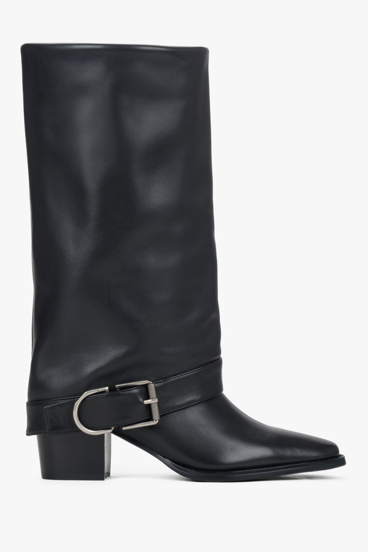 Women’s Black High Cowboy Boots  made of Genuine Leather with Buckle Estro ER00118499.