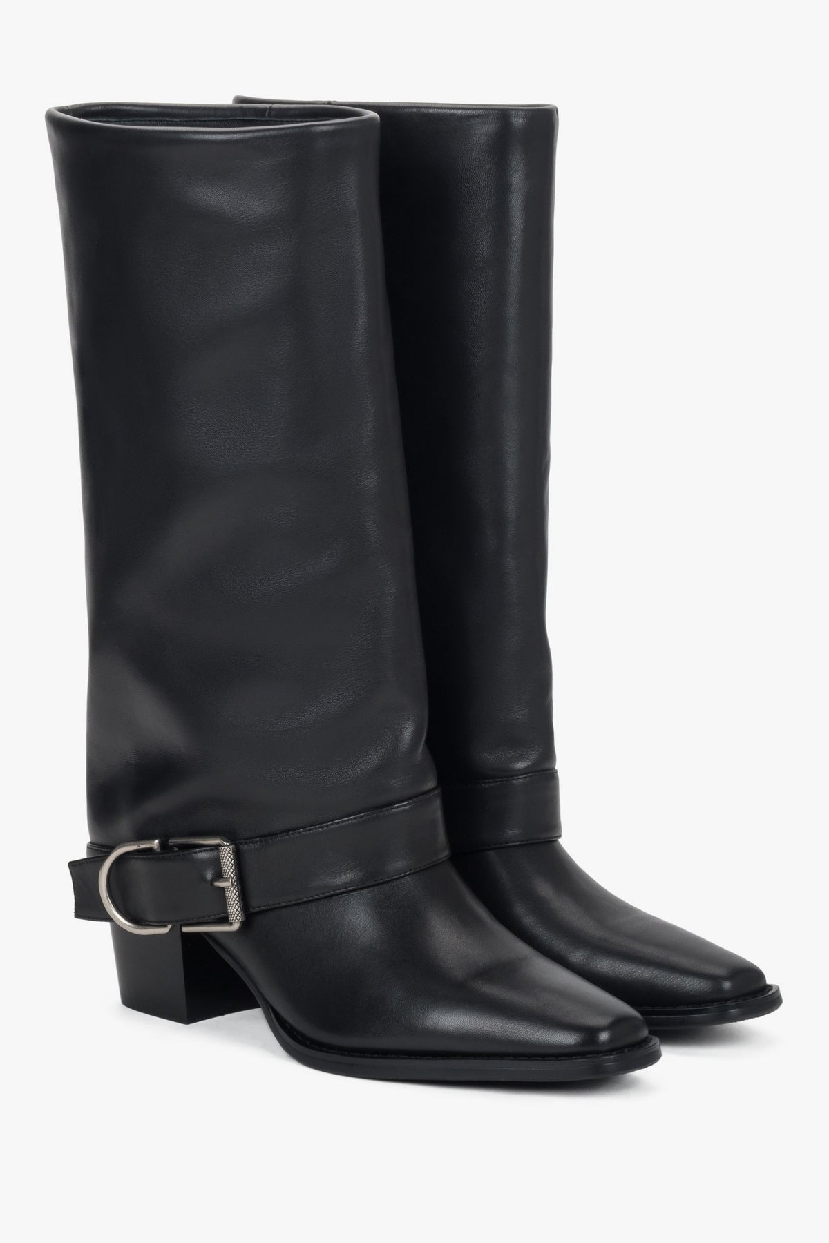 Black women’s high cowboy boots made of natural leather with buckle.