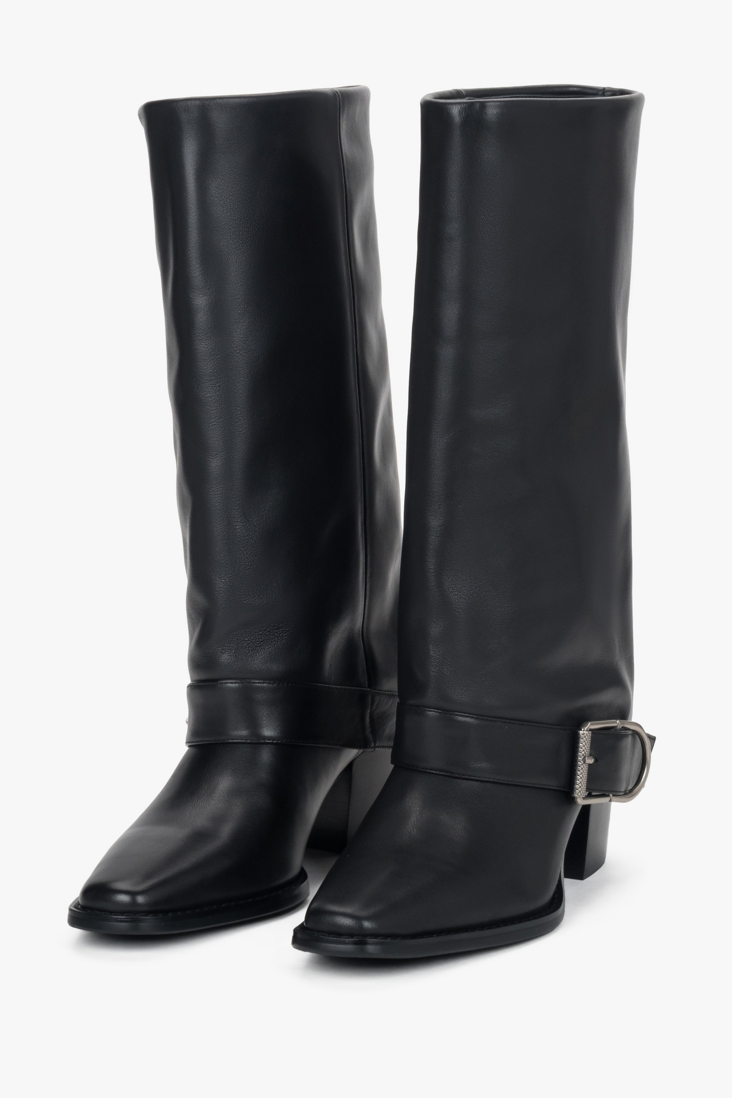 Women’s black high cowboy boots made of natural leather with buckle Estro.