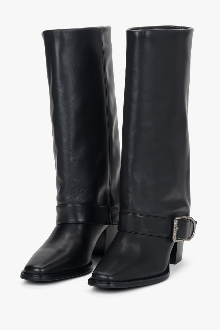 Women’s black high cowboy boots made of natural leather with buckle Estro.