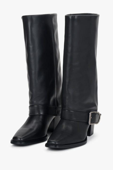 Women’s black high cowboy boots made of natural leather with buckle Estro.