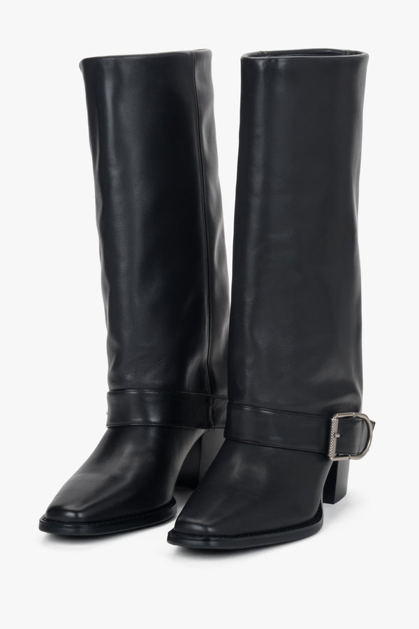 Women’s black high cowboy boots made of natural leather with buckle Estro.