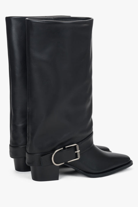 Black women’s high cowboy boots made of natural leather with buckle Estro.