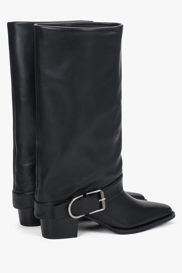 Black women’s high cowboy boots made of natural leather with buckle Estro.
