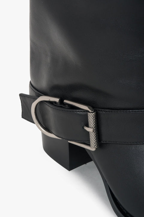 Black women’s high cowboy boots with buckle made of natural leather Estro.