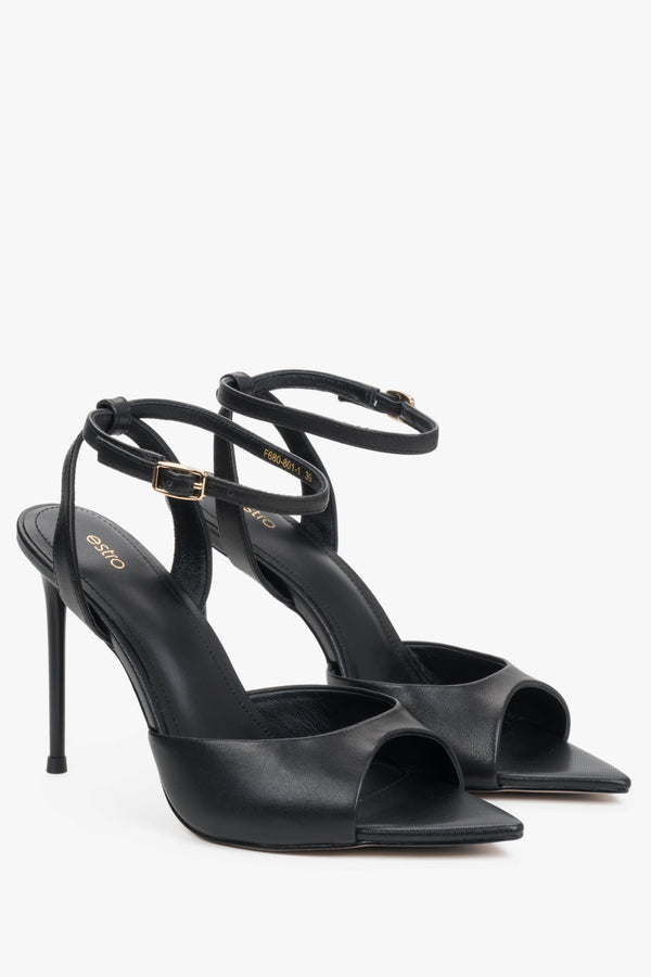 Black women’s high heel sandals made of genuine leather.