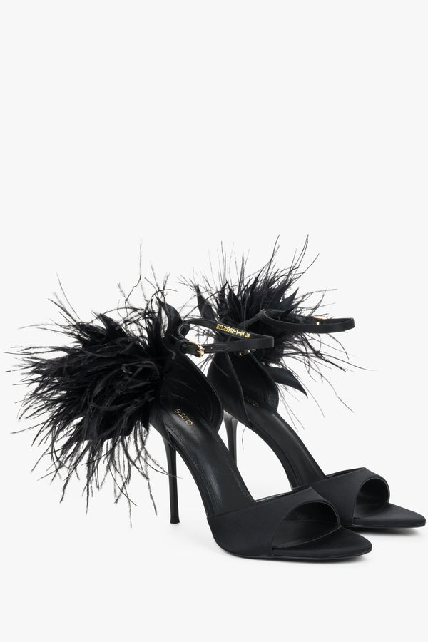 Women's black high heel sandals with detachable feather trim by Estro
